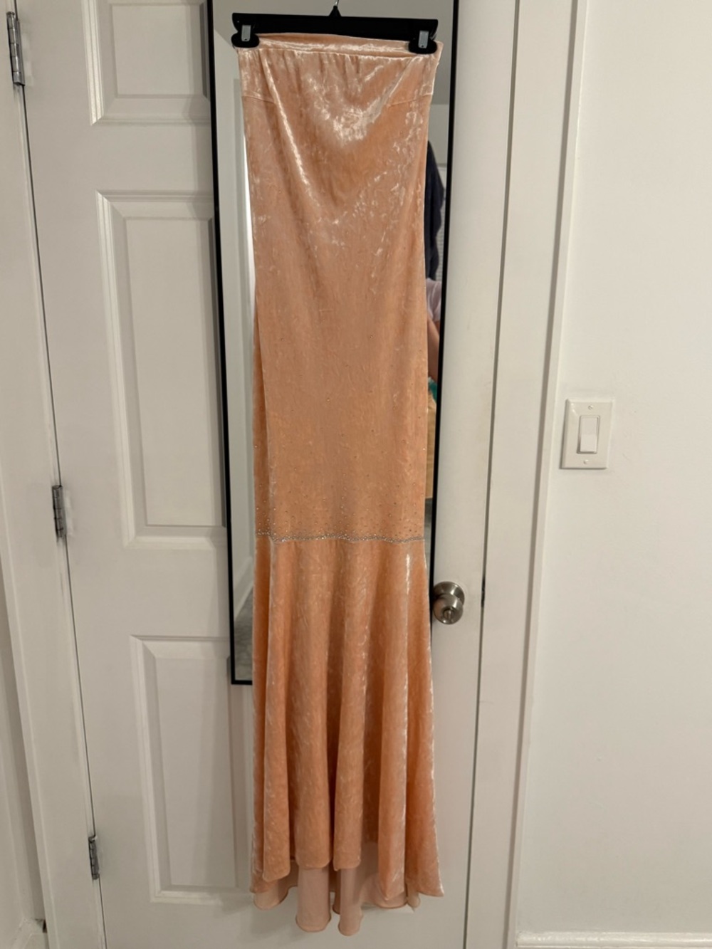 Peach Velvet maxi dress with silver rhinestones